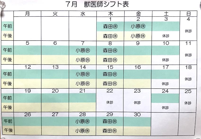 獣医師シフト2021.7月